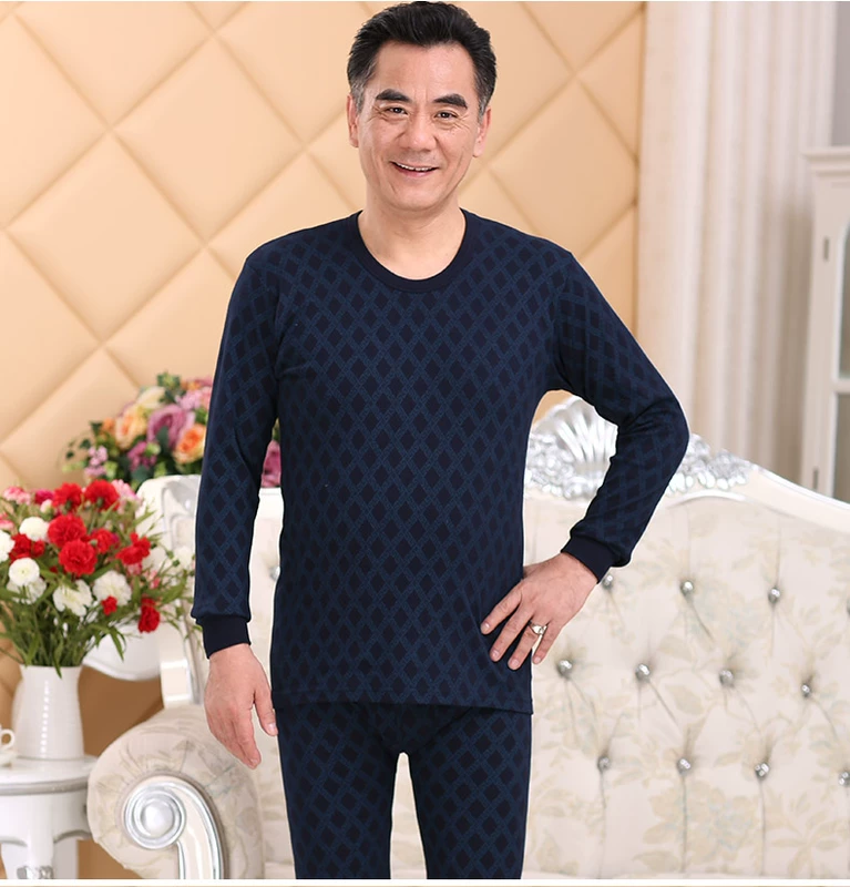 Quần áo nam trung niên cotton mùa thu quần dài quần cha nhiệt đồ lót nam cao cổ áo len mỏng cũ đồ lót nam