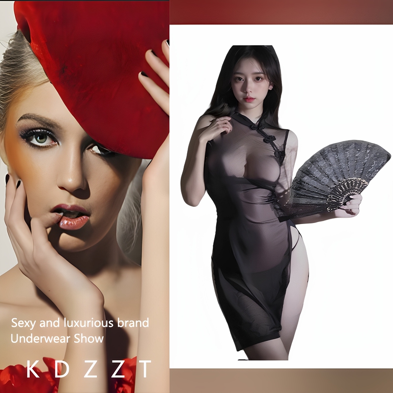 Kdzzt French Design Sexy See-Through Cheongsam Nightgown for Women with High Slit, Sexy Mesh Robe Nightdress Kdzzt French Design Sexy See-Through Cheongsam Nightgown for Women with High Slit, Sexy Mesh Robe Nightdress
