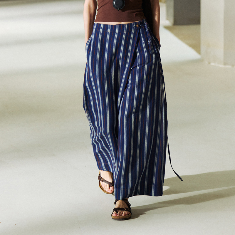 Semicircle New Design Blue Vertical Striped Linen Wide-Leg Casual Pants for Women Spring and Summer Loose Deconstructed Pants Semicircle New Design Blue Vertical Striped Linen Wide-Leg Casual Pants for Women Spring and Summer Loose Deconstructed Pants