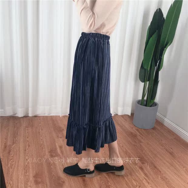Q677 Xiaoying khuyên mùa thu và đông hoang dã thun cao eo xếp li váy nhung 3 màu chân váy xếp ly dài cho người béo