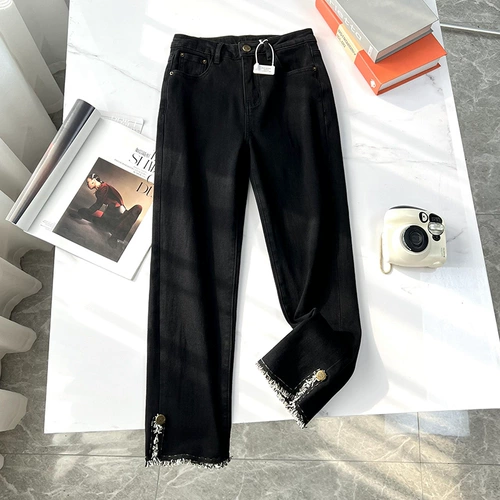Дизайнерские модные штаны, джинсы с начесом, городской стиль, в западном стиле, в стиле Шанель, свободный прямой крой, стройный силуэт