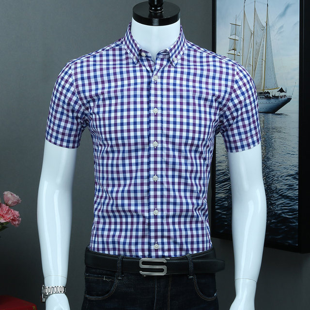 Summer small plaid shirt men's short-sleeved blue handsome inch shirt pure cotton casual non-iron half-sleeved shirt thin trend