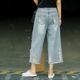 2022 Summer Thin Section High Waist Loose Wide Leg Pants Women's Ripped Holes Old Light Blue Jeans Retro Casual Cropped Pants