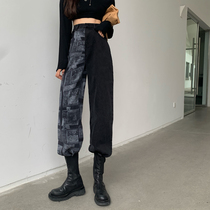 Hong Kong style retro design sense female niche jeans 2021 summer new contrast color high waist straight loose wide leg pants