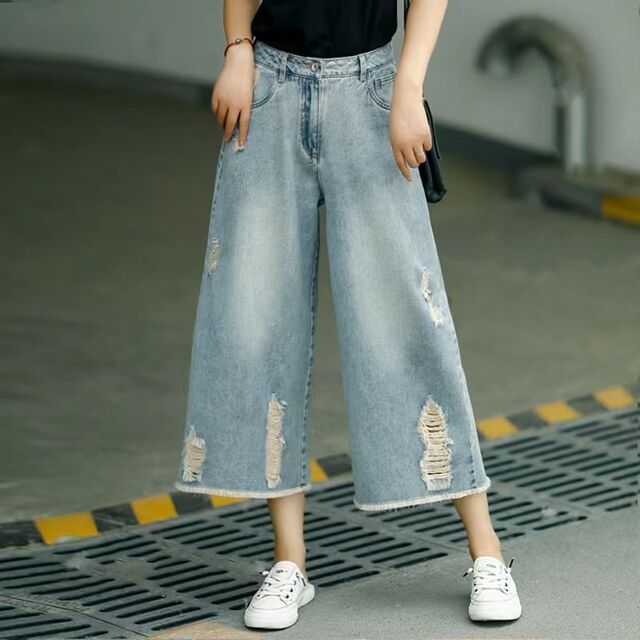 2022 Summer Thin Section High Waist Loose Wide Leg Pants Women's Ripped Holes Old Light Blue Jeans Retro Casual Cropped Pants