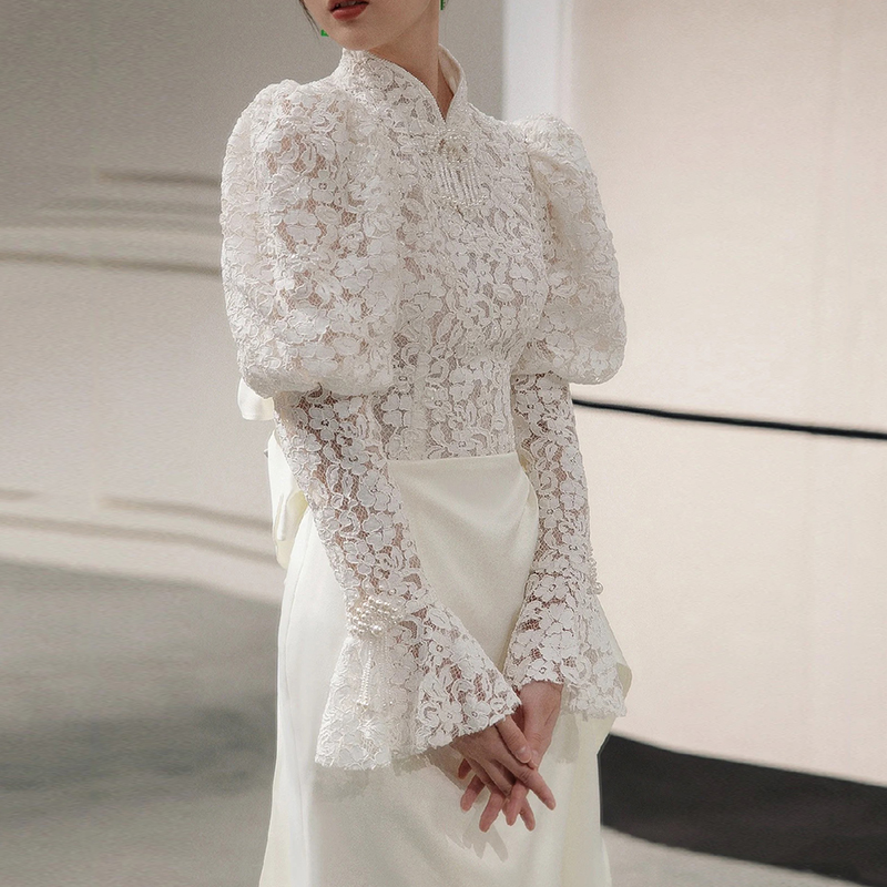 Lace wedding dress, retro cheongsam, french style, 2023 collection, suitable for teen, long sleeve, lace dress Lace wedding dress, retro cheongsam, french style, 2023 collection, suitable for teen, long sleeve, lace dress