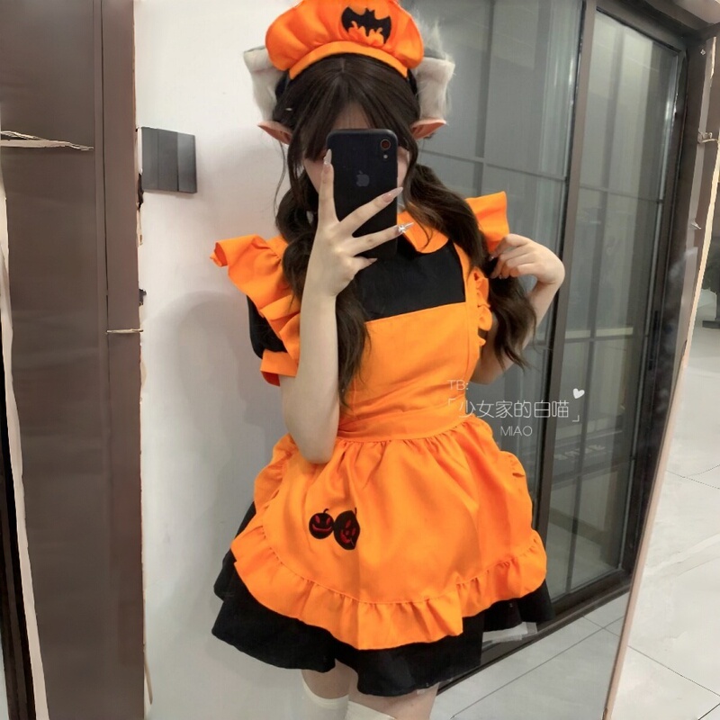 Halloween Pumpkin Maid Costume Cos Bat Vampire Cute Maid Costume Magic Witch Lolit Dress for Women