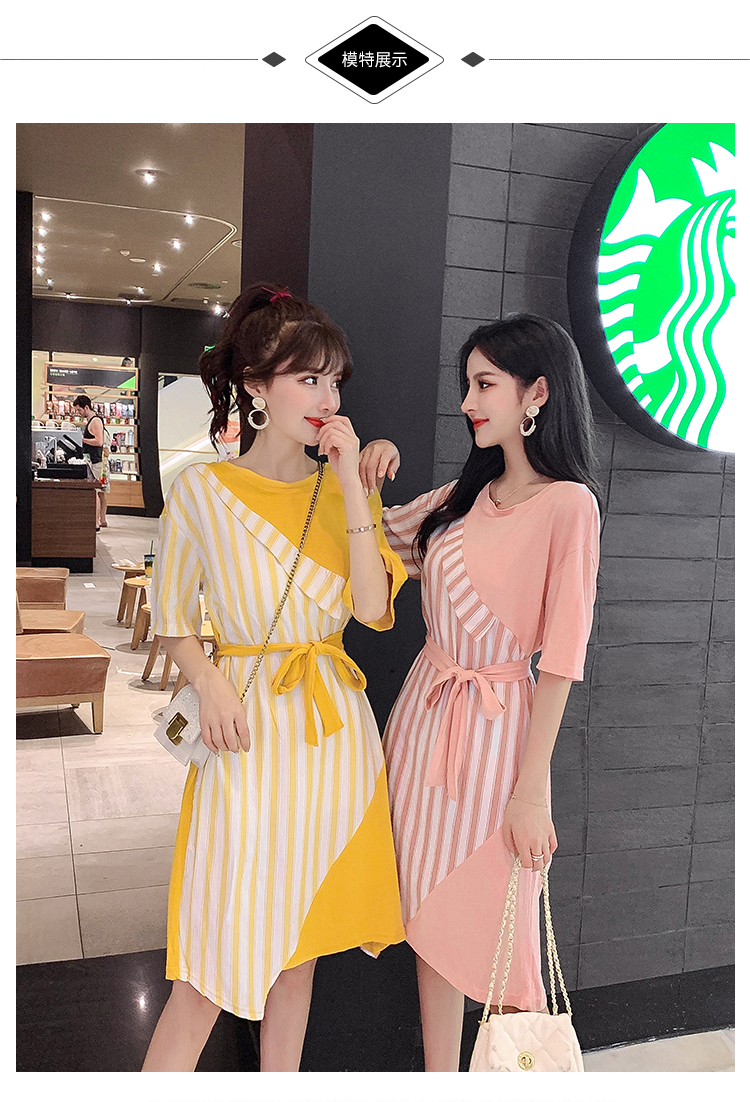 VK旗艦店 韓系條紋T恤拼接假兩件不規則系帶短袖洋裝