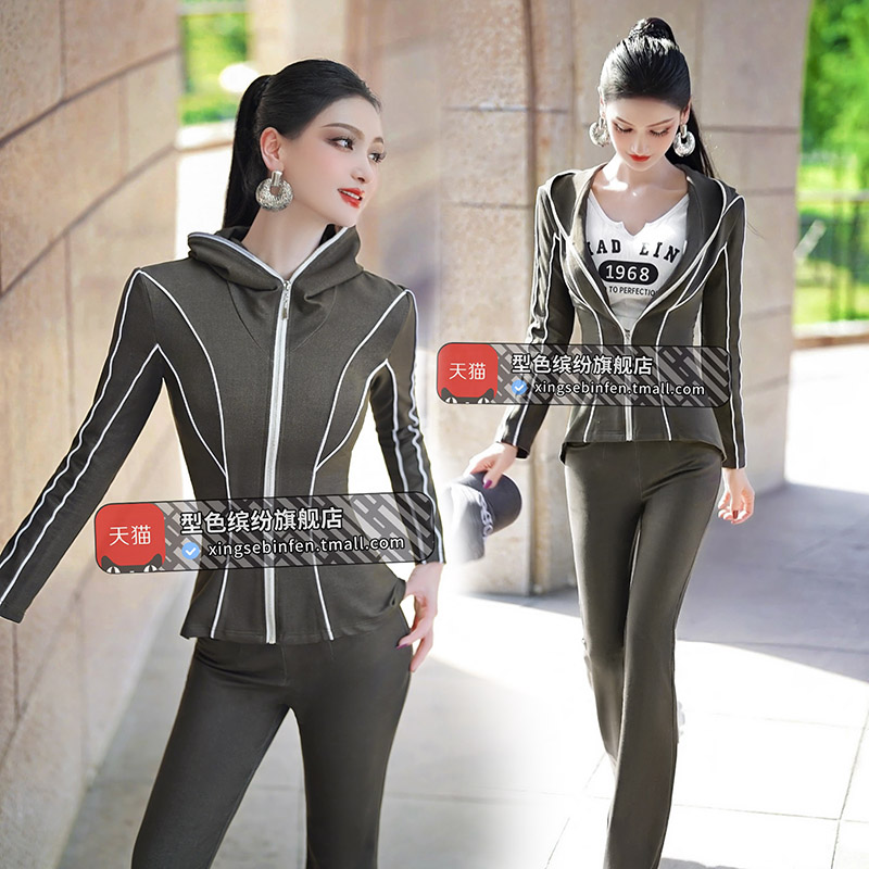 Fall Fashion Lady Casual Sports Suit 2023 New Temperament Even Cap Jacket Microhorn Pants Two Sets-Taobao