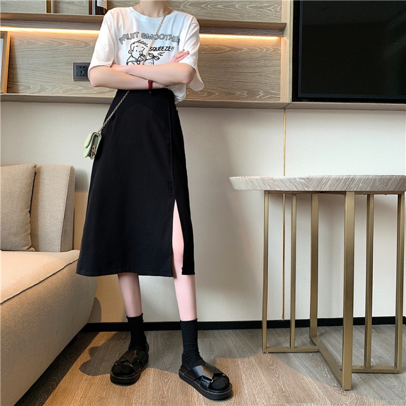 Small 145 medium - long skirt 150cm tall 155 wearing side - side fork high - waist skirt