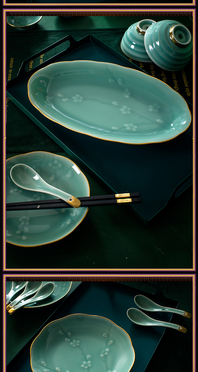 Chinese tableware suit household colored enamel porcelain bowl celadon dishes suit jingdezhen celadon jade porcelain tableware