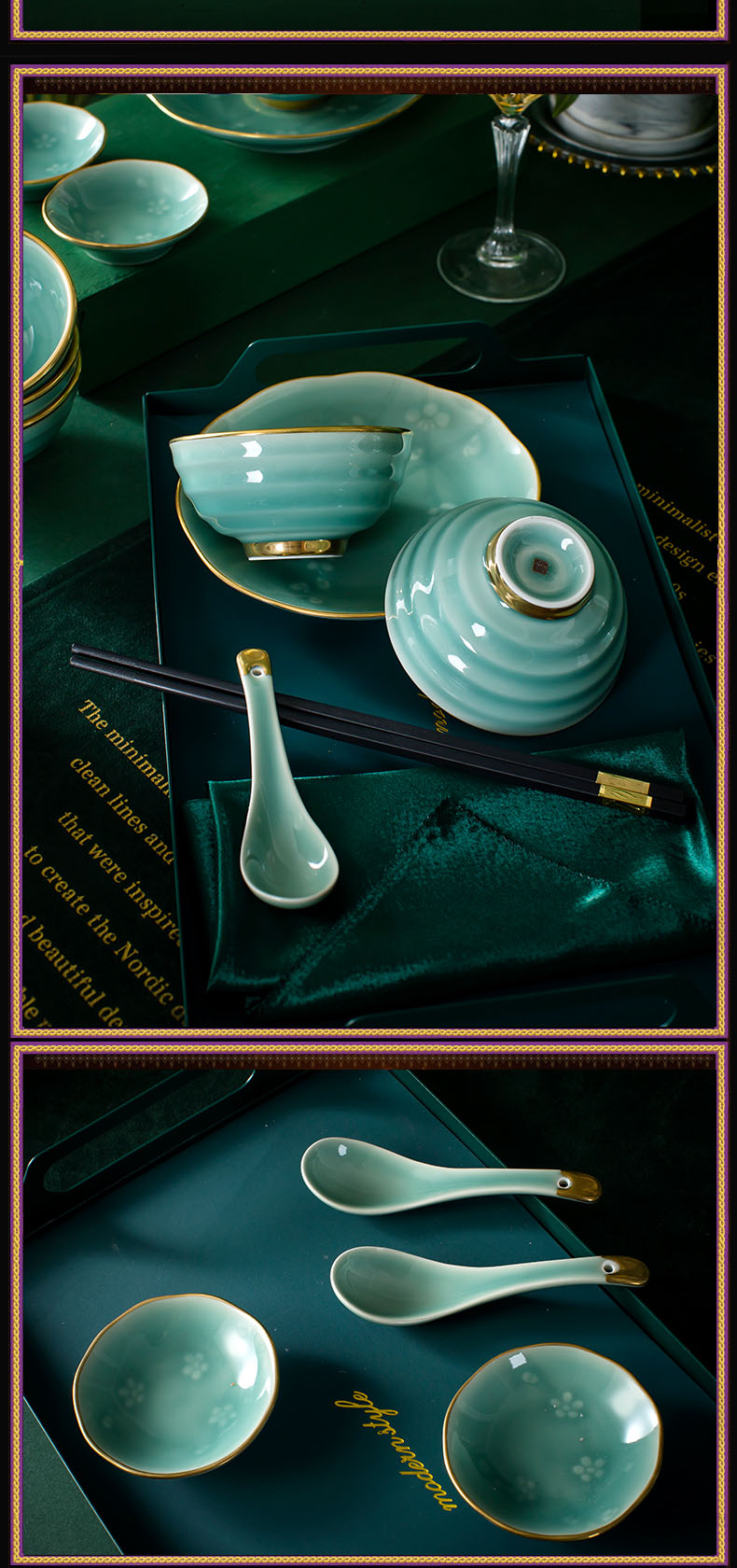 Chinese tableware suit household colored enamel porcelain bowl celadon dishes suit jingdezhen celadon jade porcelain tableware