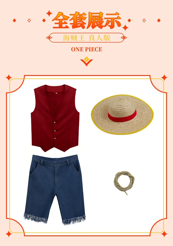 Truyện tranh One Piece phiên bản trực tiếp cos phù hợp với Luffy cùng phong cách áo vest mũ rơm phim và truyền hình anime cosplay phù hợp với còn hàng