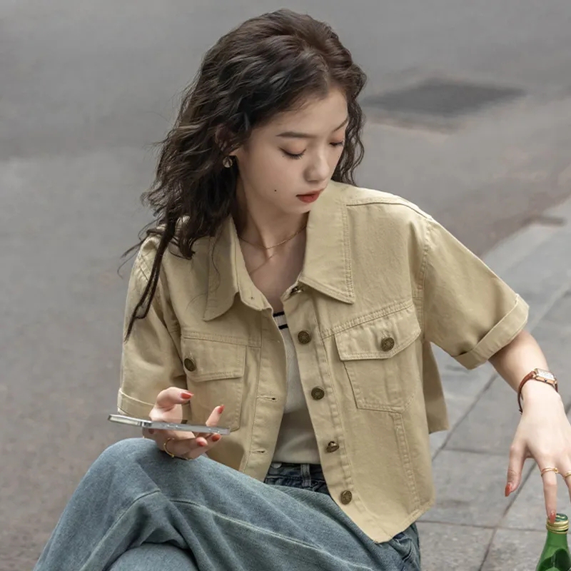 Polo Collar Design Shirt Jacket for Women, Loose and Versatile, Short-Sleeved, Age-Reducing, Slimming, Summer Stylish Short Workwear Top