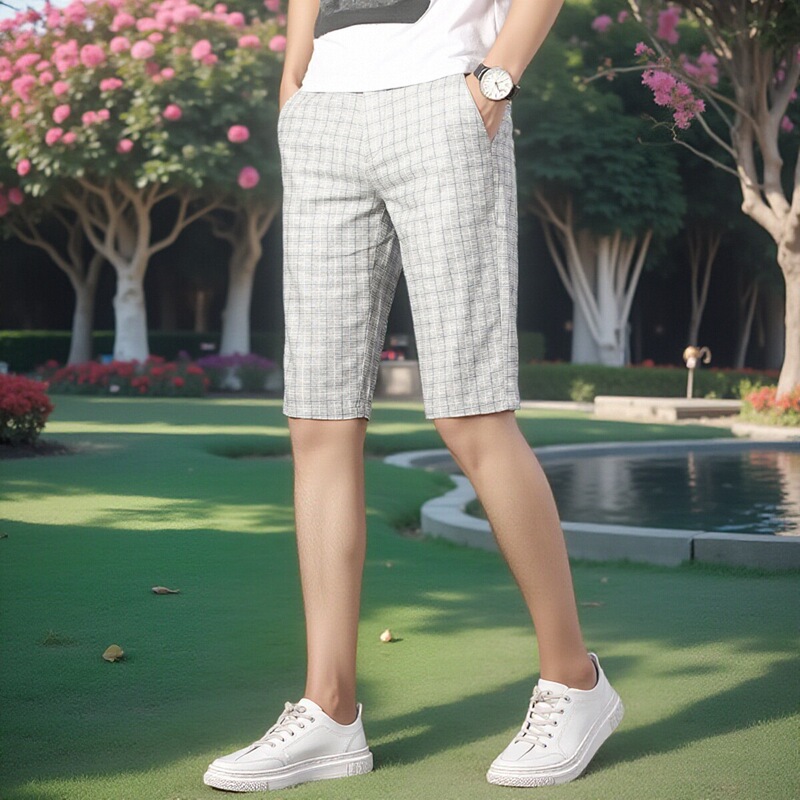 Summer Golf Linen Plaid Shorts for Men, Gray and Off-White, Straight-Leg, Thin, Five-Point Pants, Sports Beach Casual Pants
