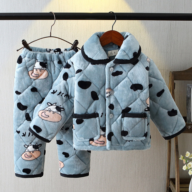 Children's winter pajamas flannel three-layer thickened cotton suit baby boys and girls coral fleece home clothes