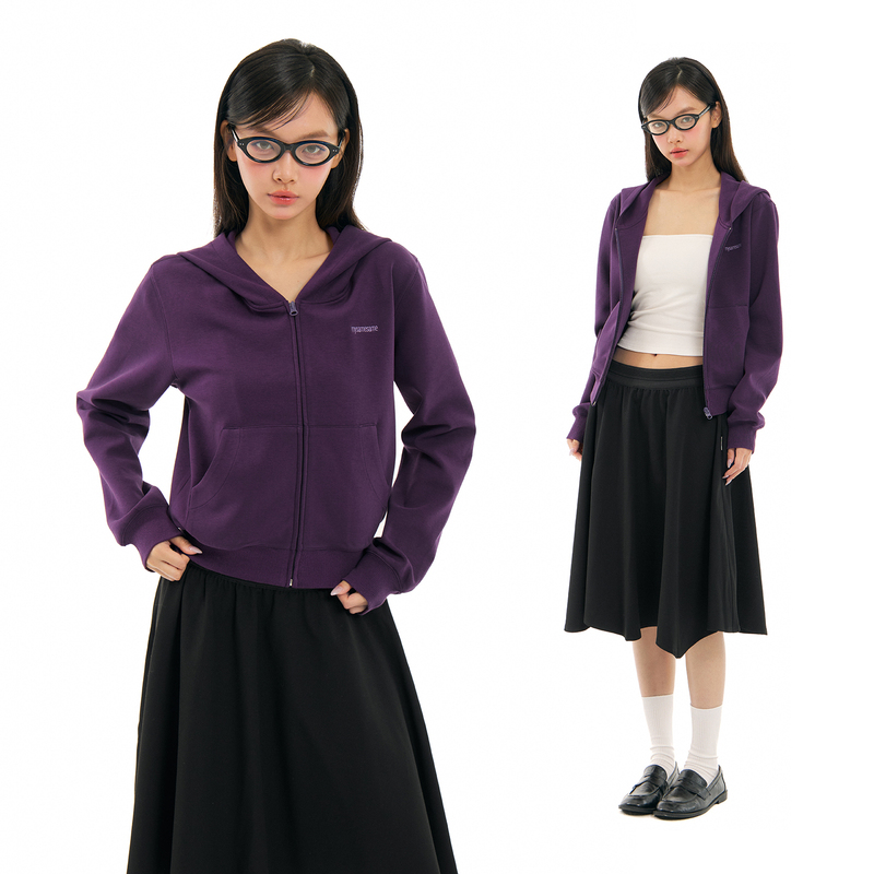 Mysamesame Basic Purple Short Sweatshirt Cardigan Hooded Zipper Sports Casual Loose Pure Color Jacket for Women