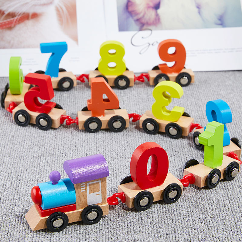 Drag the digital small train children wooden boy 1-2 baby girl intelligence assembly 3-6 year old building block toy