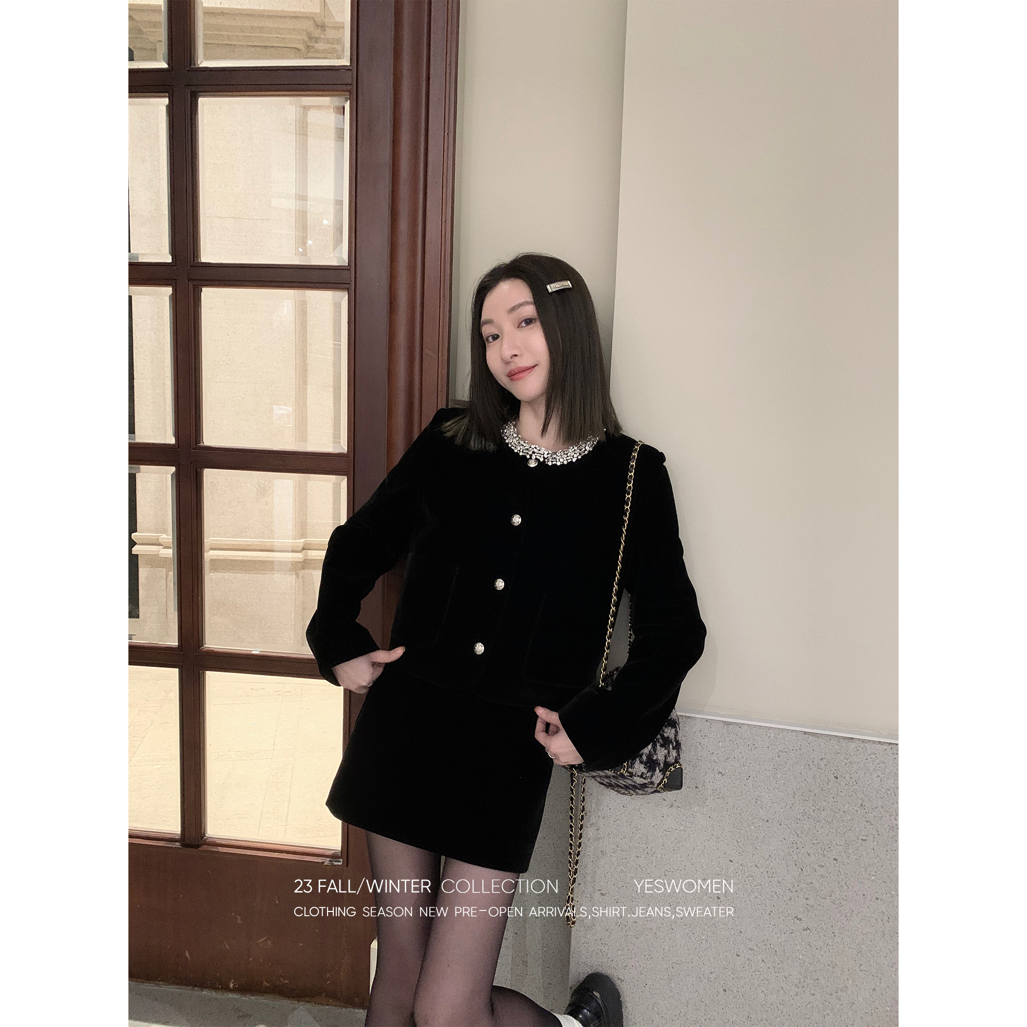 Small and pleasant custom velvet series-delicately matte and matte texture little fragrant wind short coat two sets autumn winter-Taobao