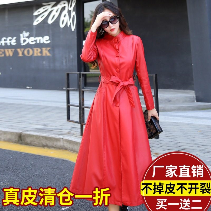 Spring and Autumn New Haining Leather Coat Women's Mid-length Leather Coat Korean Style Slim Thin Women's Leather Windbreaker Large Size Coat