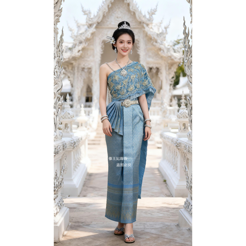 New Thai Traditional Clothing for Women, One-Shoulder, Off-Shoulder, Double-Layered Shawl, Hip-Hugging Skirt, Slit Skirt, Slim Fit, High-End