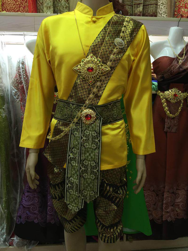 Thai traditional costume male golden yellow standing collar long sleeves photo studio photo writing Allah holding the annual meeting micro-film costume