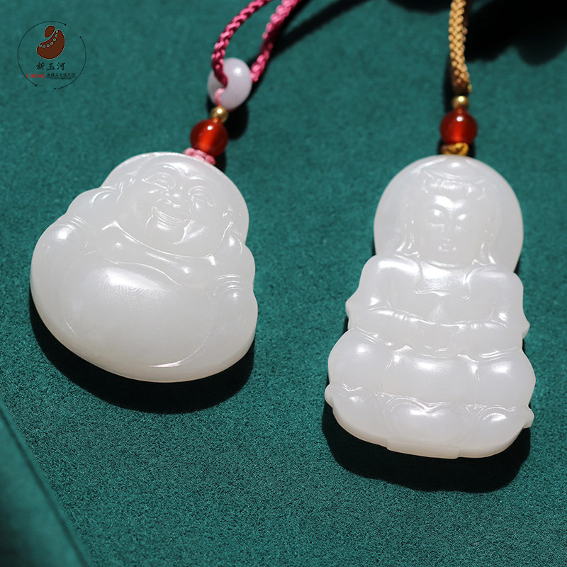 Collection class Xinjiang and Tian Yuanyin pendant men's goat fat white jade Buddha smiling Buddha jade jade Buddha Statue Jade Buddha Statue