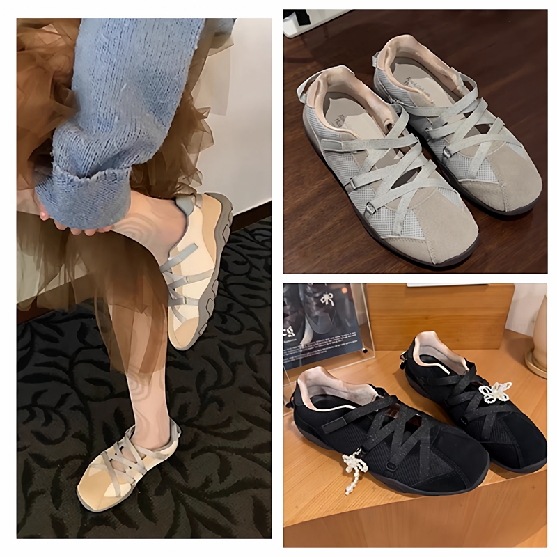 Korean Genuine Rockfish New Leather Cross-Strap Fashion Velcro Single Shoes Color-Blocked Sports Ballet Shoes Korean Genuine Rockfish New Leather Cross-Strap Fashion Velcro Single Shoes Color-Blocked Sports Ballet Shoes