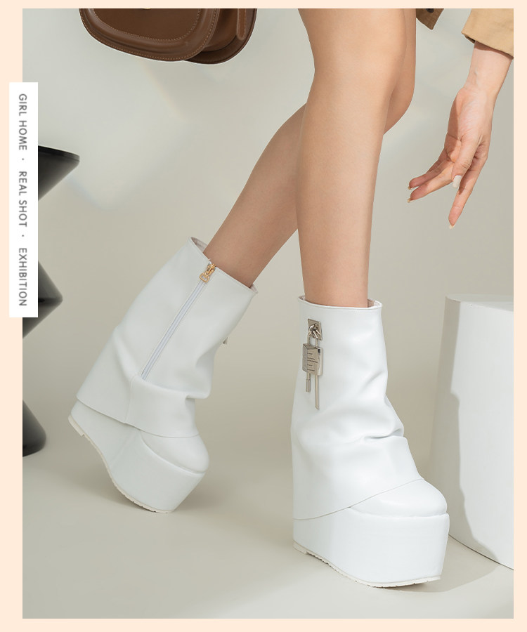 Boot nữ cổ thấp khóa kéo gót siêu cao 15 cm phong cách Âu Mỹ — Trắng, đen chi tiết 1