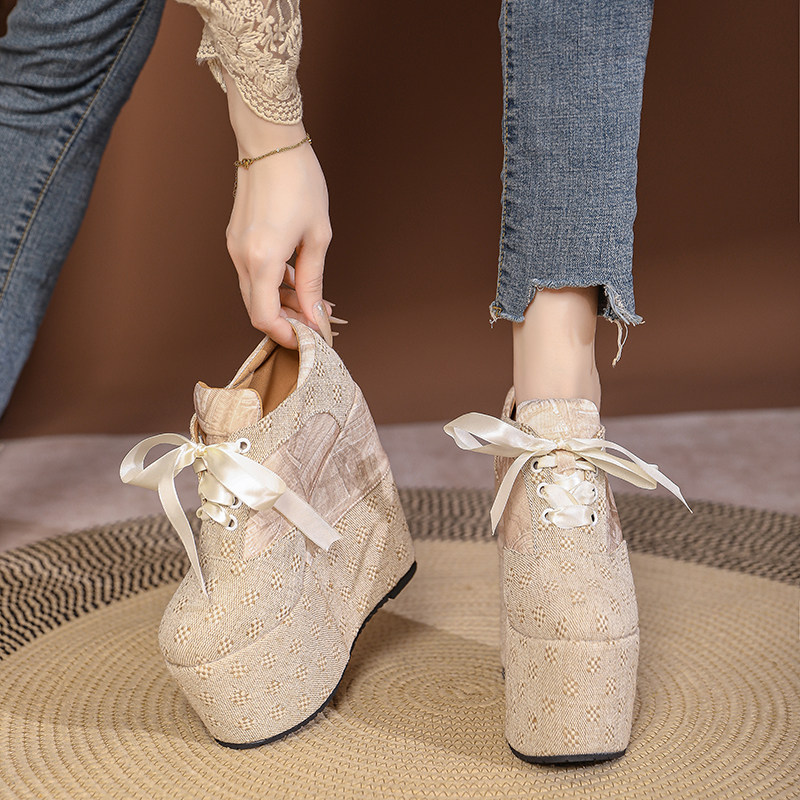 Giày cao gót nữ đế xuồng platform buộc dây, gót 15 cm — Mơ 10cm, Mơ 15cm chi tiết 10