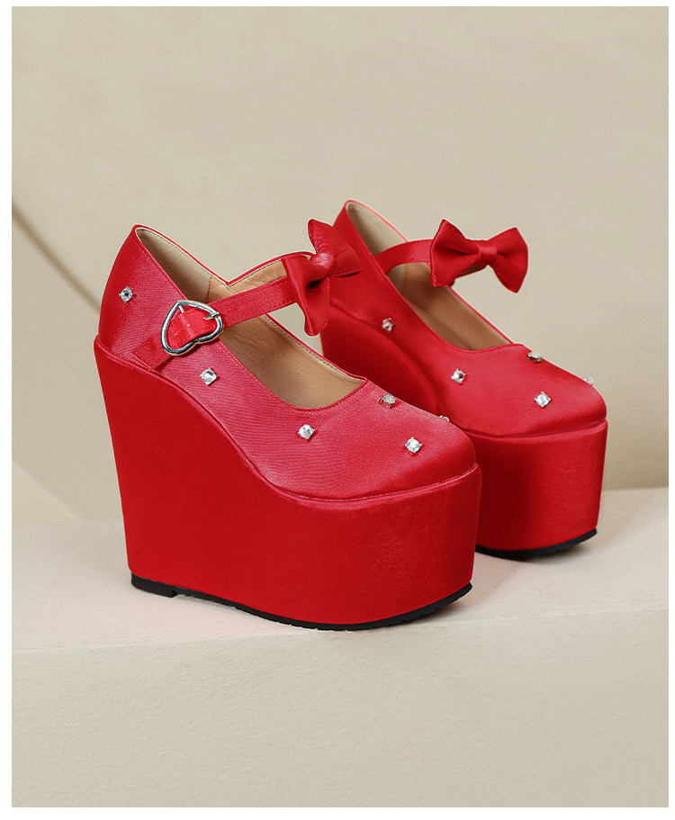 Giày cao gót nữ đế xuồng platform màu đỏ pha lê, gót 15 cm, phong cách Trung Hoa — Mơ 10cm, Mơ 15cm, Đỏ 10cm, Đỏ 15cm chi tiết 38