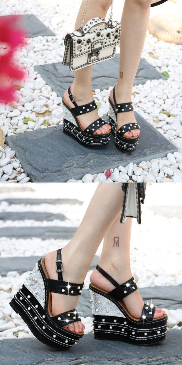 Sandal nữ cao gót 16 cm dây chữ T hở mũi đính ngọc trai có khóa — Trắng, quả mơ, đen chi tiết 5