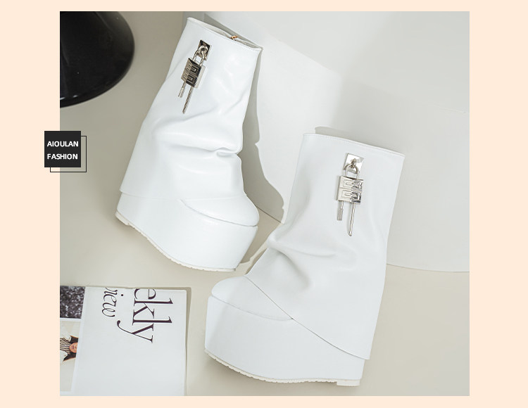 Boot nữ cổ thấp khóa kéo gót siêu cao 15 cm phong cách Âu Mỹ — Trắng, đen chi tiết 14