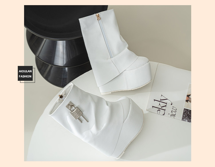 Boot nữ cổ thấp khóa kéo gót siêu cao 15 cm phong cách Âu Mỹ — Trắng, đen chi tiết 16