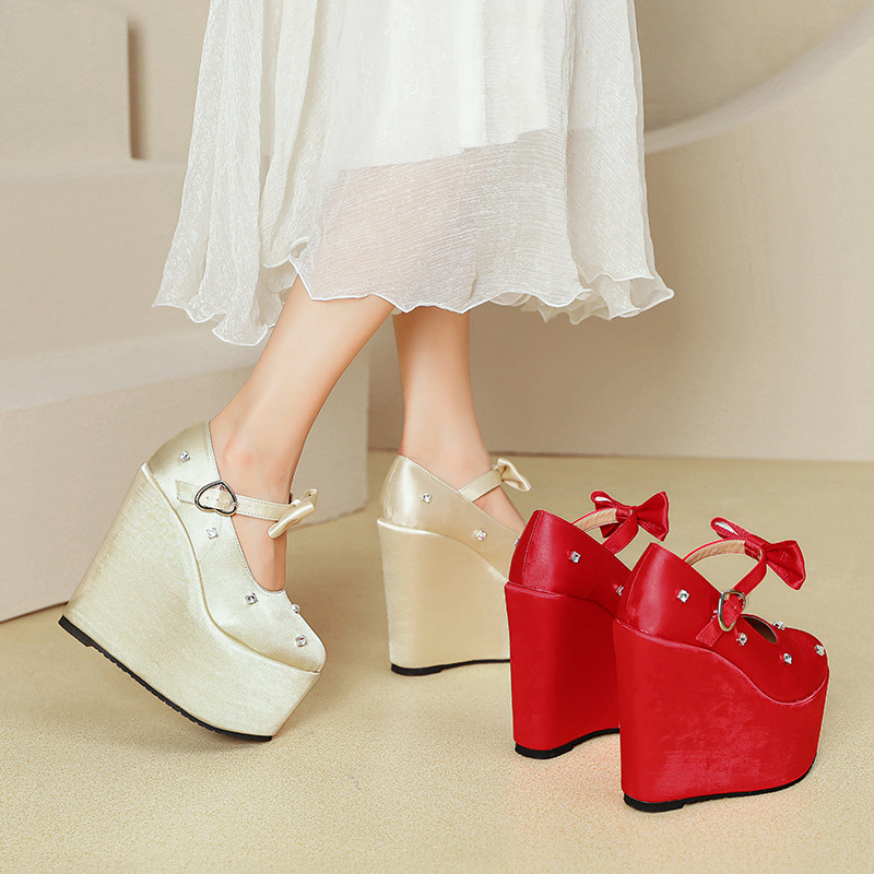 Giày cao gót nữ đế xuồng platform màu đỏ pha lê, gót 15 cm, phong cách Trung Hoa — Mơ 10cm, Mơ 15cm, Đỏ 10cm, Đỏ 15cm chi tiết 4