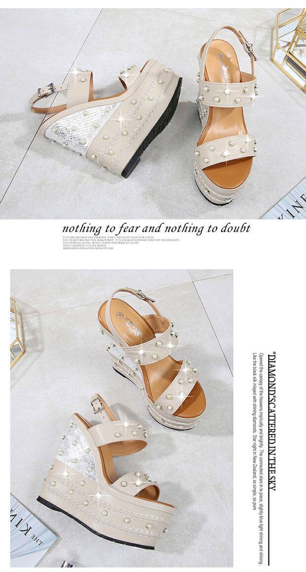 Sandal nữ cao gót 16 cm dây chữ T hở mũi đính ngọc trai có khóa — Trắng, quả mơ, đen chi tiết 3