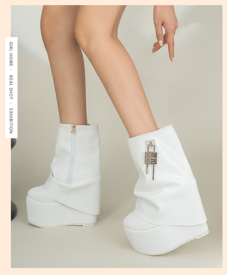 Boot nữ cổ thấp khóa kéo gót siêu cao 15 cm phong cách Âu Mỹ — Trắng, đen chi tiết 4