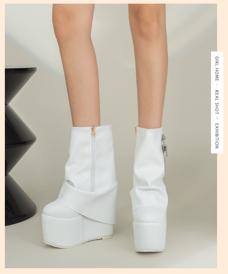Boot nữ cổ thấp khóa kéo gót siêu cao 15 cm phong cách Âu Mỹ — Trắng, đen chi tiết 8
