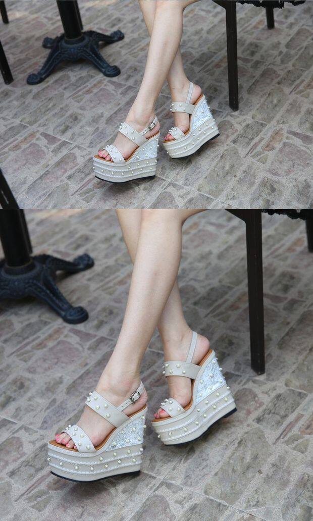 Sandal nữ cao gót 16 cm dây chữ T hở mũi đính ngọc trai có khóa — Trắng, quả mơ, đen chi tiết 12