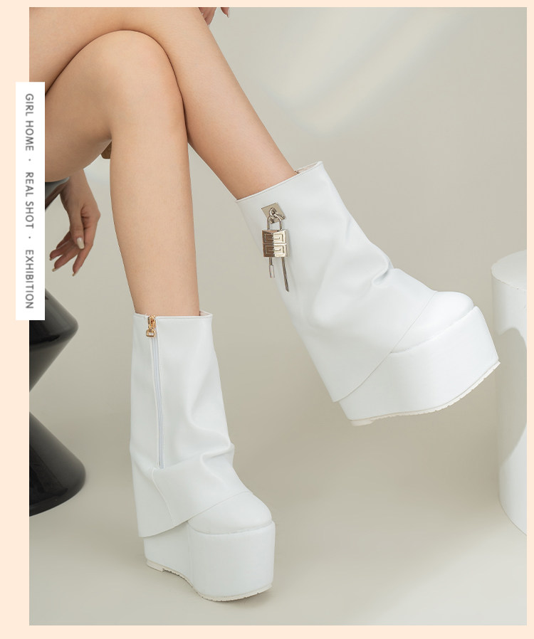 Boot nữ cổ thấp khóa kéo gót siêu cao 15 cm phong cách Âu Mỹ — Trắng, đen chi tiết 3
