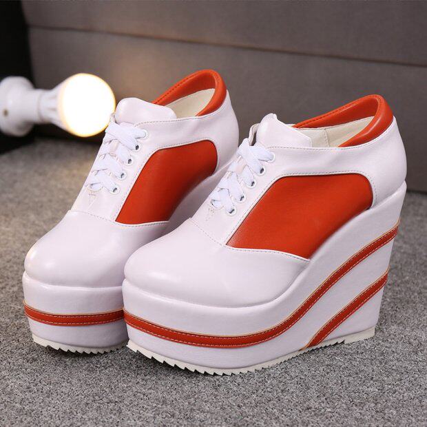 Giày sneaker nữ chunky đế dày 15 cm buộc dây, phong cách casual thu đông — 10cm màu cam trắng, 12CM đen trắng, 12cm màu cam trắng, 15CM đen trắng chi tiết 17