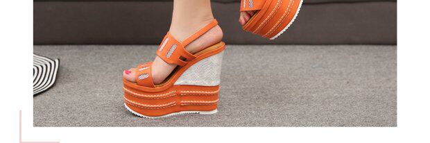 Giày cao gót nữ đế xuồng platform siêu cao 16 cm, mũi nhọn, chất liệu lưới thoáng khí — màu cam, đen chi tiết 12