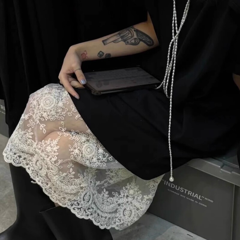 French Crochet See-Through Lace Skirt for Women, Spring and Summer Mid-Length Mesh Skirt with Fake Hem for Layering