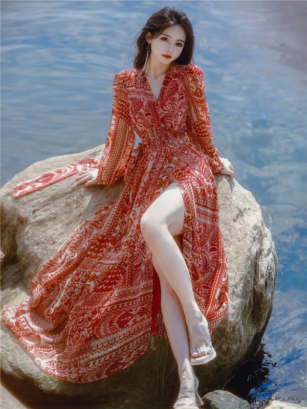 Hainan Sanya Yunnan Seaside Beach Summer Vacation Photo Shoot Long Dress Slim Fit Printed Tie-Up Elegant Dress for Women
