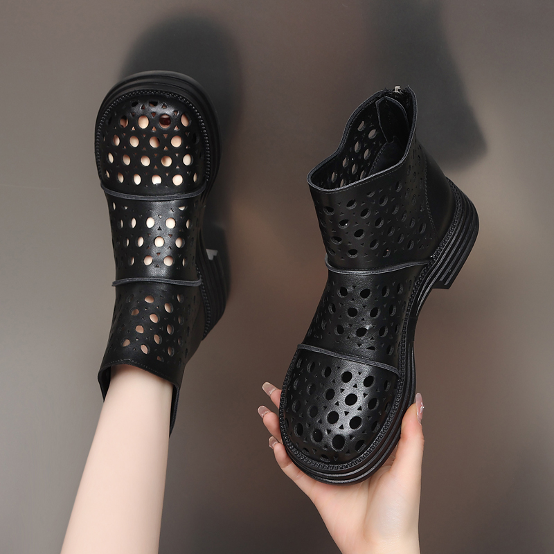 Summer Closed-Toe Sandals for Women, Genuine Leather Thick-Soled Clogs, Breathable Flat Short Boots, Hollow Non-Slip Sandals