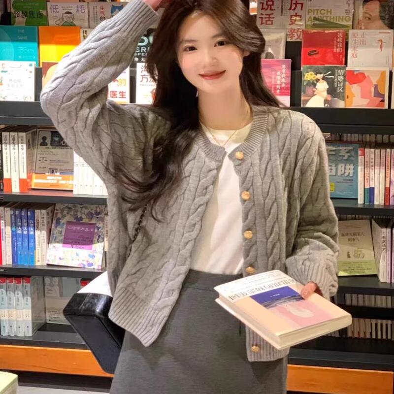 Gray Cable Knit Cardigan Sweater for Women, Early Spring and Autumn 2026 New Style, Short Inner Layer for Students, Trendy Top