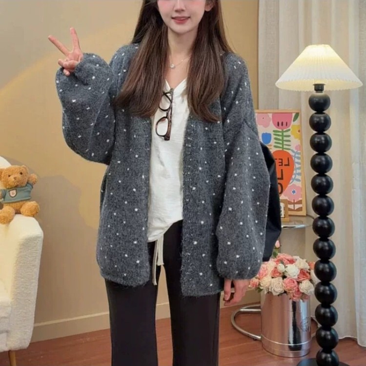 Retro Polka-Dot Lantern Sleeve Knitted Cardigan for Women 2026 Autumn and Winter New Style Lazy Style Slimming Versatile Sweater Jacket Retro Polka-Dot Lantern Sleeve Knitted Cardigan for Women 2026 Autumn and Winter New Style Lazy Style Slimming Versatile Sweater Jacket