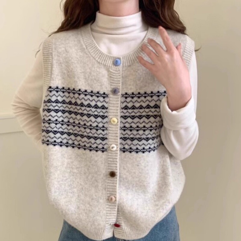 Lattice Retro Jacquard Round Neck Knitted Cardigan Vest Autumn and Winter New Casual Versatile Layered Sweater Vest Top