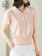 Tuổi-giảm ngắn tay áo thun nữ mùa hè 2020 mới của Hàn Quốc phiên bản của chương trình ngắn polo mỏng nhỏ đan băng đầu mỏng