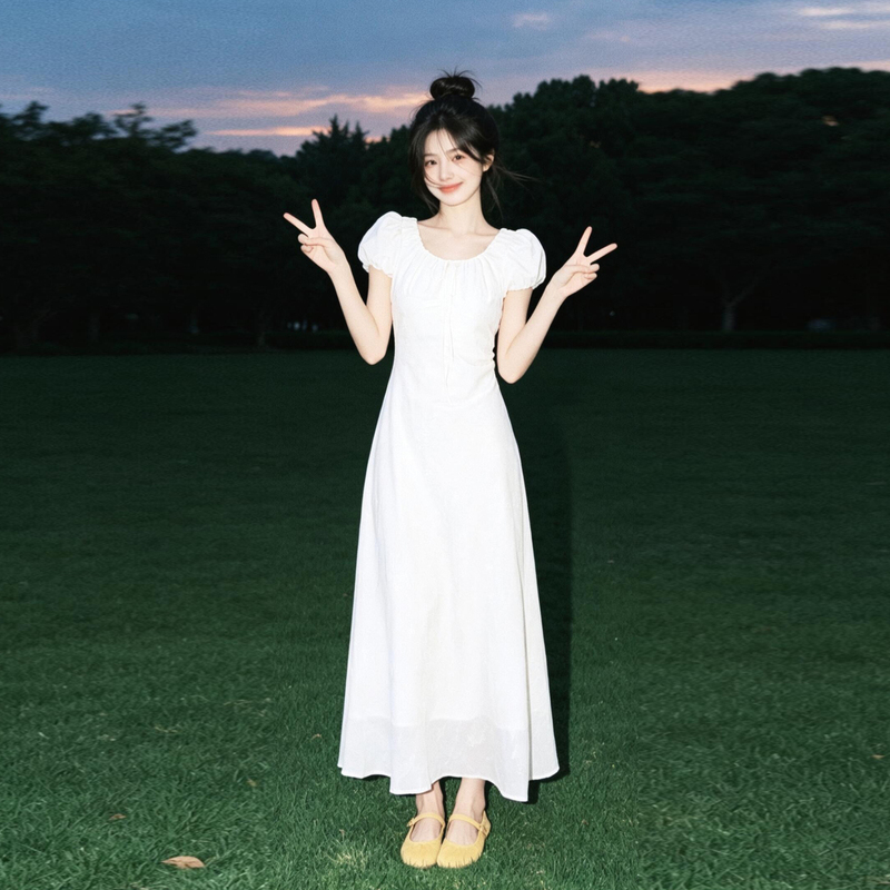 Gentle Style Waist-Cinching French Dress for Women, 2026 New Model, Very Beautiful White Summer Dress, Stunning Long Dress Gentle Style Waist-Cinching French Dress for Women, 2026 New Model, Very Beautiful White Summer Dress, Stunning Long Dress